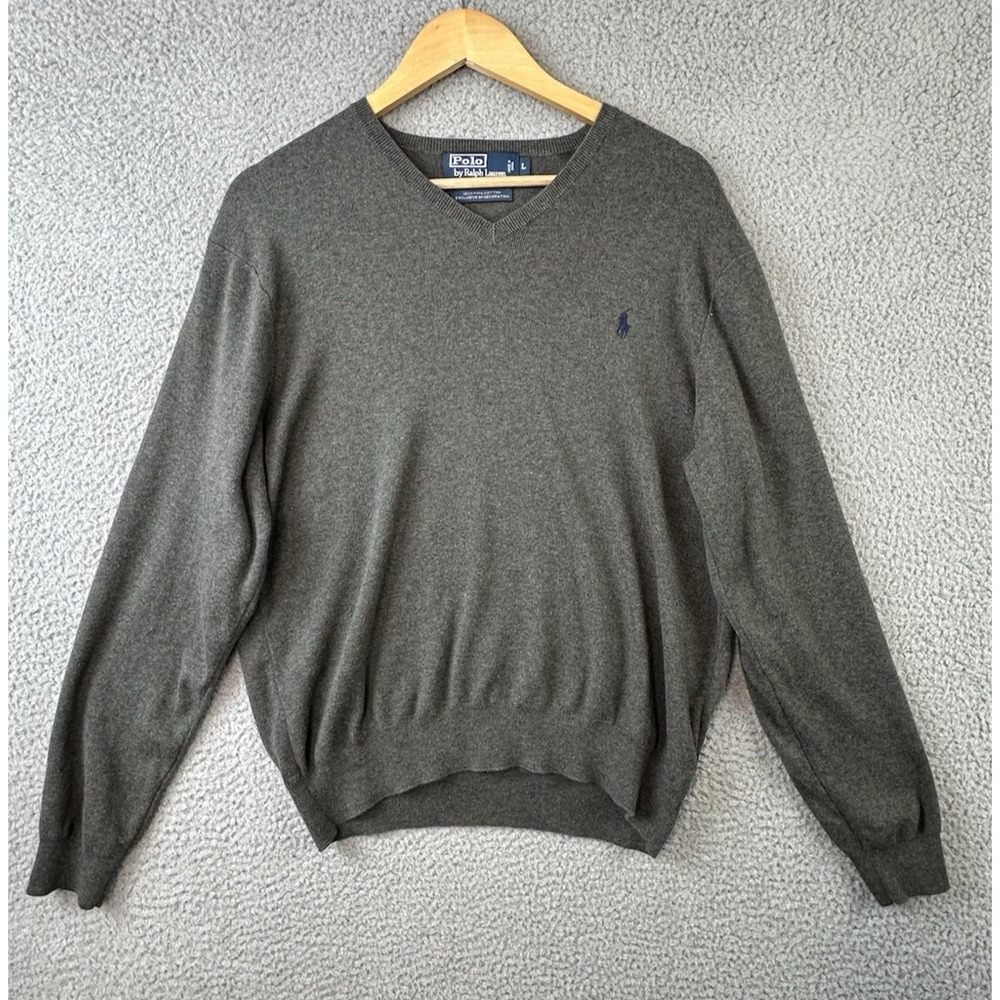 Vintage Polo Ralph Lauren Sweater Mens Large Gray V-Neck Pullover Pima Cotton
